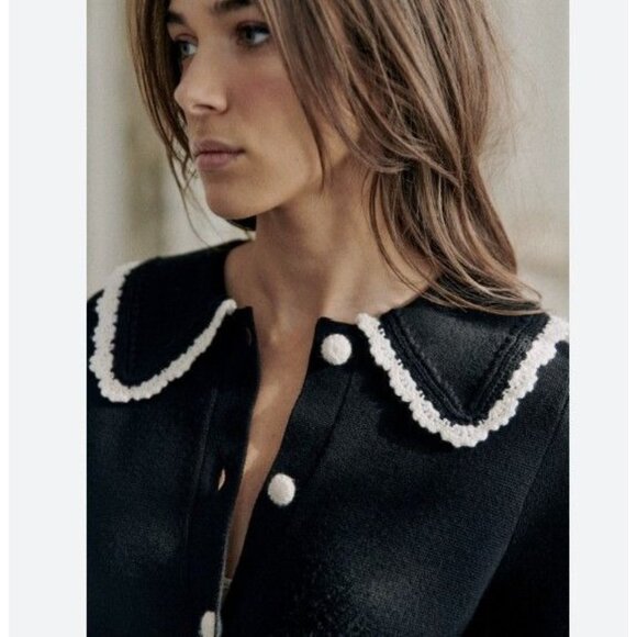 Sezane Black Cardigan with White Accents Ruffled Collar - Picture 2 of 12